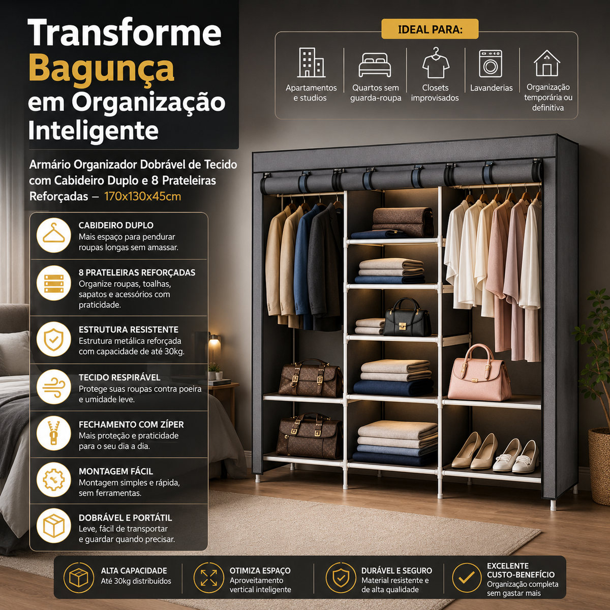 LANÇAMENTO | Guarda Roupa 8 em 1 Dobrável Armário Organizador | Organização Inteligente