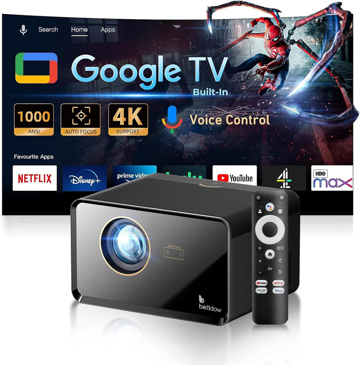 Projetor 300 Polegadas Bettdow Smart 4K 25000lm Google TV Netflix Bluetooth + Kit Brinde Exclusivo
