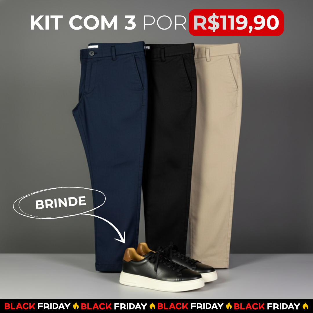 Kit 3 Calças Sarja Comfort Alfaiataria + Brinde Exclusivo | FRETE GRÁTIS