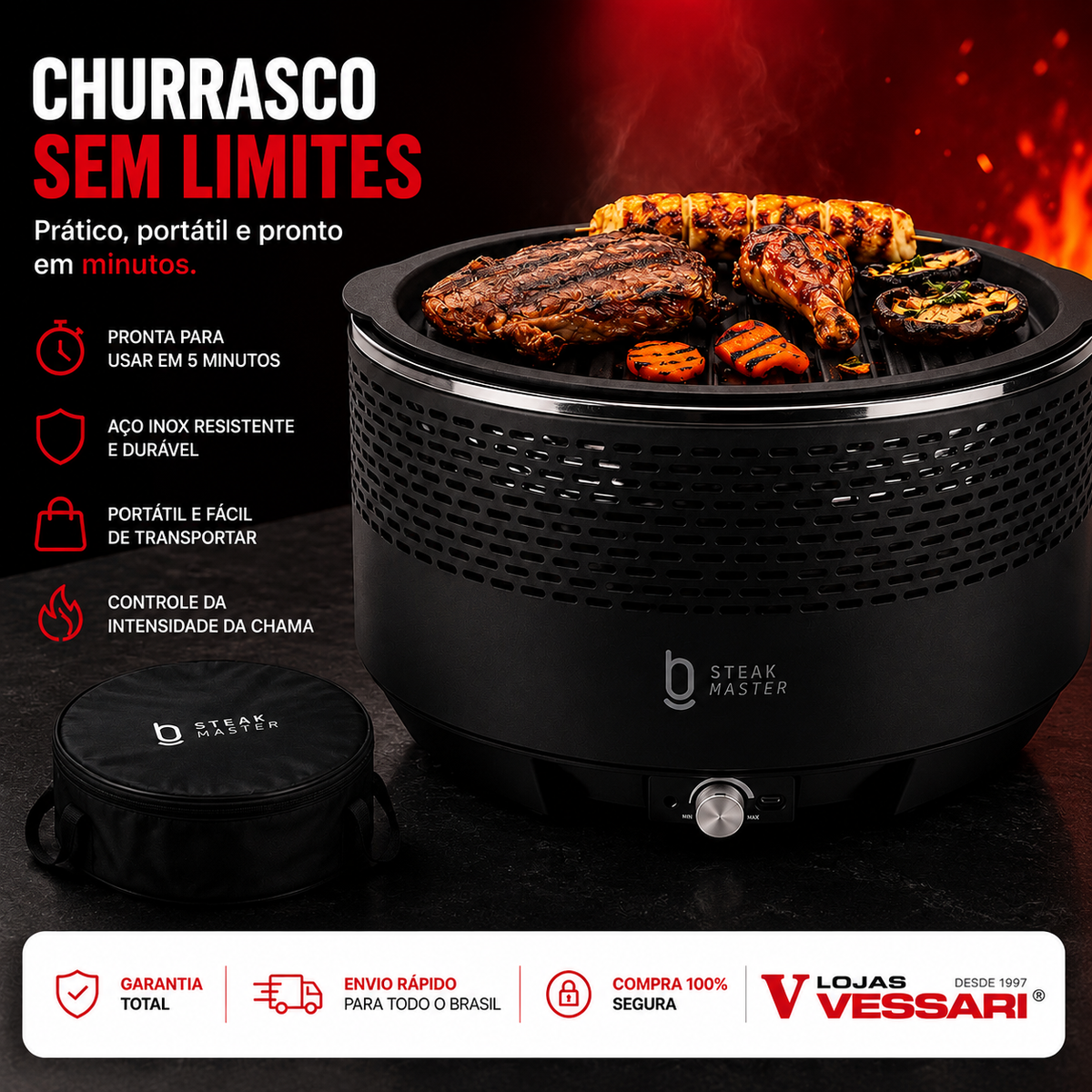 LANÇAMENTO | Churrasqueira Portátil Premium Steak Master Smoke + Brinde Exclusivos