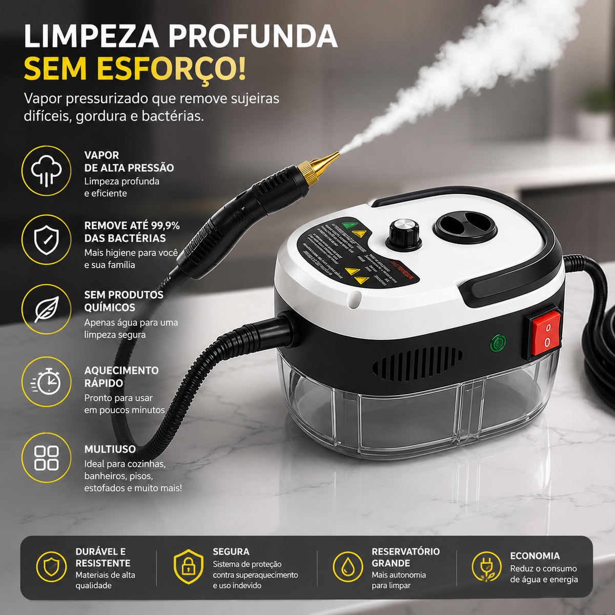 Limpador a Vapor Turbo Pressurizado 2500W Bivolt – Higienização Poderosa e Profunda + Brindes Escovas