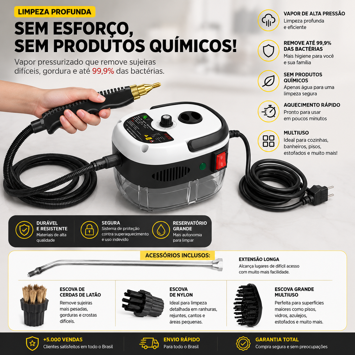 Limpador a Vapor Turbo Pressurizado 2500W Bivolt – Higienização Poderosa e Profunda + Brindes Escovas